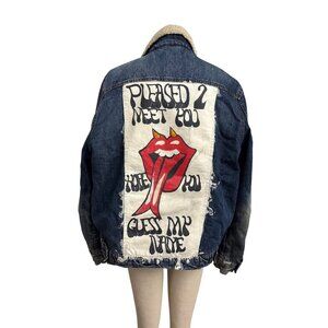 Aeropostale Denim Sherpa Jacket Upcycled Rolling Stones Hand Painted Graphic Art